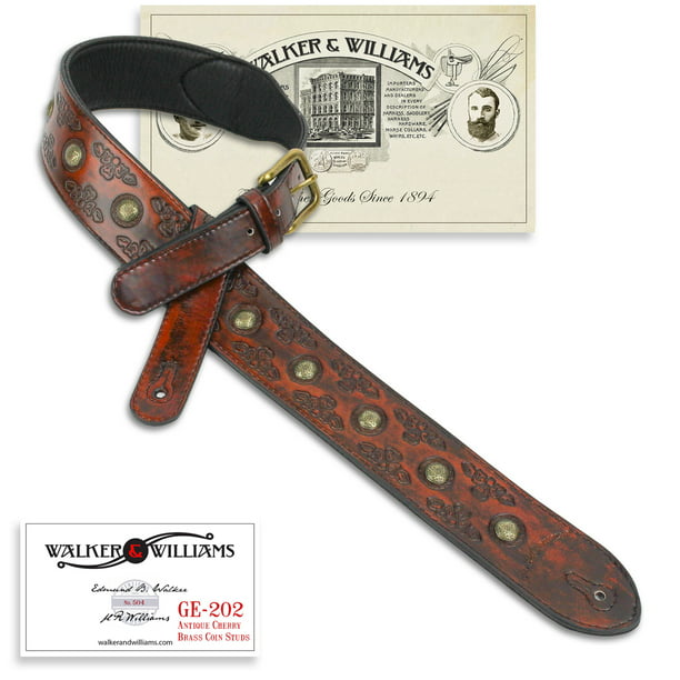 Walker & Williams C44 Premium Top Grain Black Leather Padded Concho Strap for Guitar or Bass 3.5 Wide 
